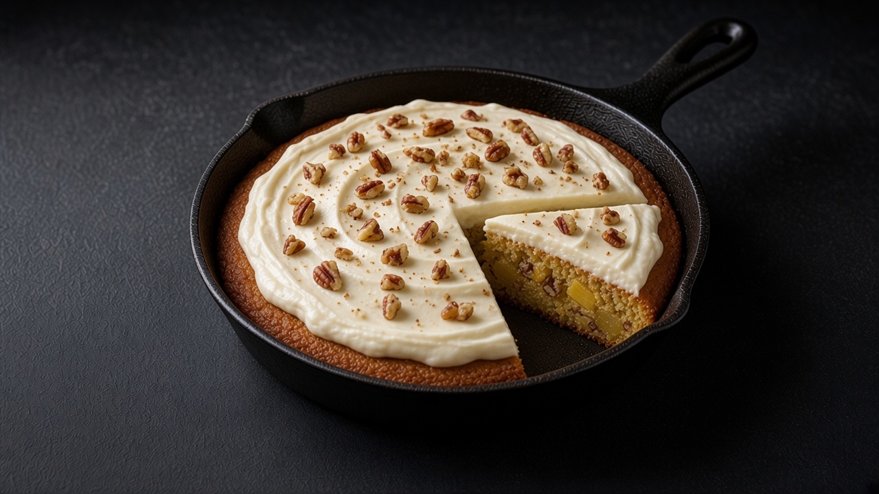 A hummingbird cake in a cast-iron skillet, spread with cream cheese frosting and scattered with toasted pecans.