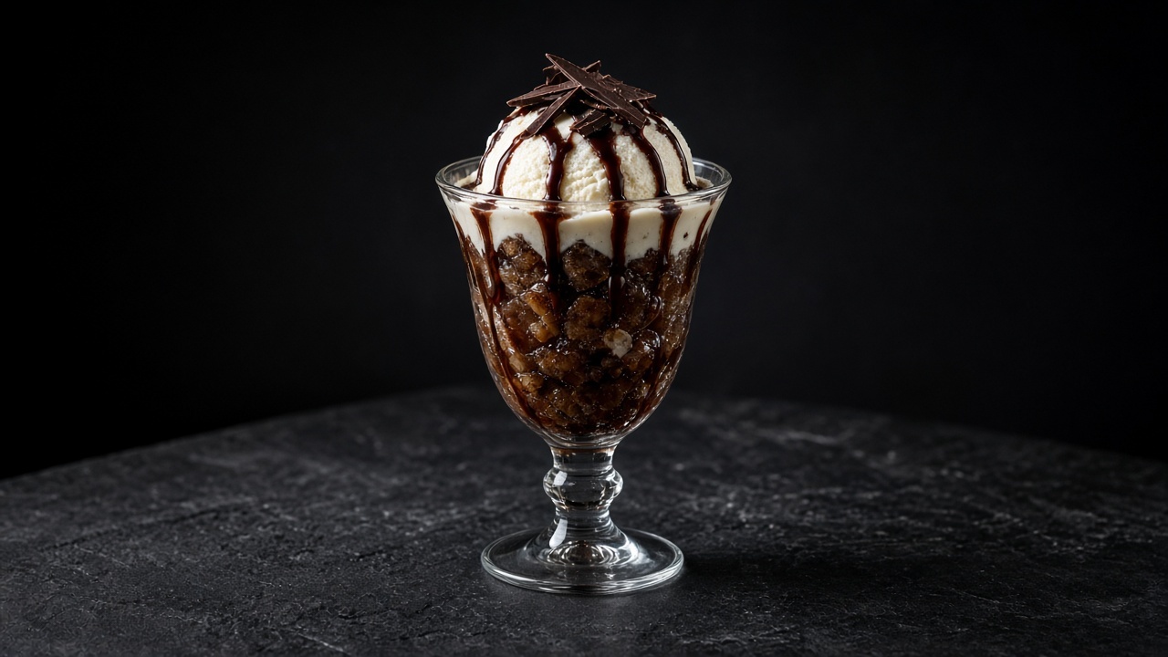 A tall glass of coffee granita topped with ivory ice cream, chocolate-coffee syrup and dark chocolate shards.