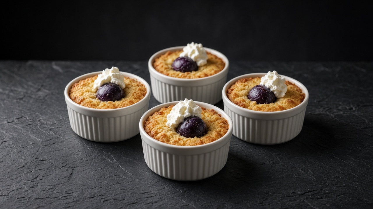 Four ramekins of golden almond sponge, each with a whole plum in the middle and a spoon of whipped cream.