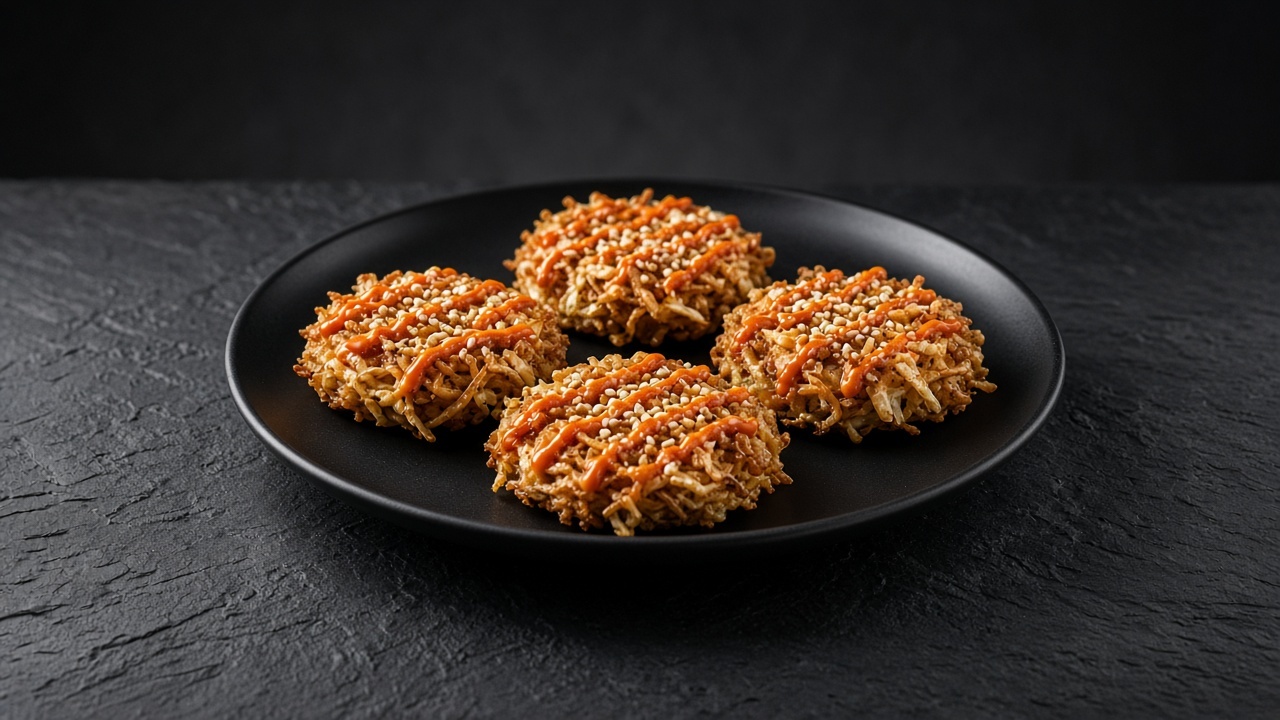 Four golden-brown noodle and cabbage pancakes topped with white sesame seeds and thin lines of orange sriracha mayo.