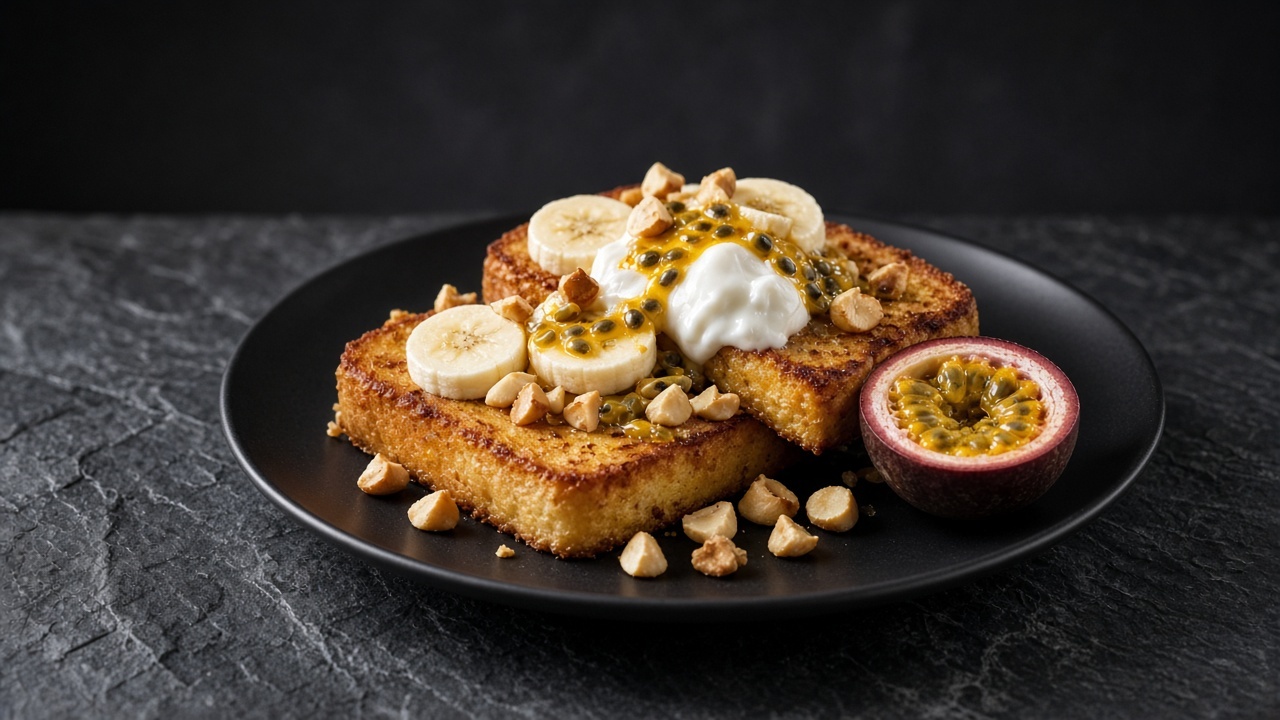 Golden fried slices of coconut bread served with banana, passion fruit, coconut cream and toasted macadamia nuts.