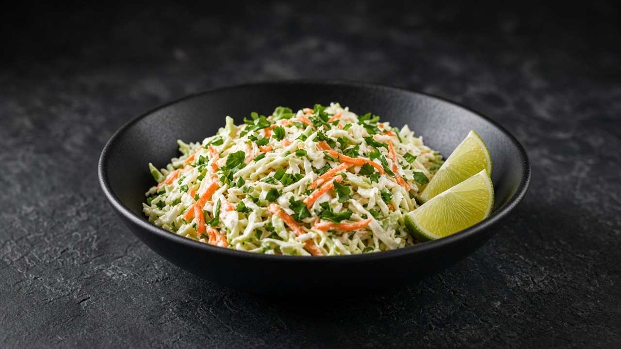 Creamy shredded cabbage and carrot slaw flecked with green jalapeño and chopped coriander, with lime wedges.