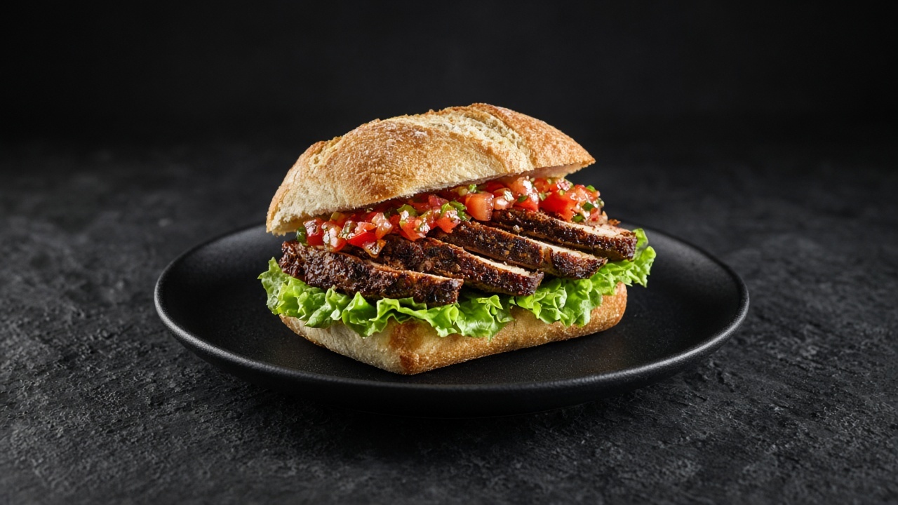 Crusty roll filled with sliced jerk-spiced chicken breast, fresh lettuce and bright red tomato salsa.