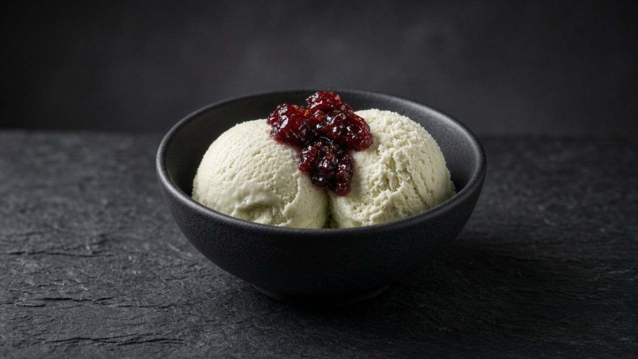 Two scoops of pale jasmine tea custard ice cream topped with sugared sour cherries in a black bowl.