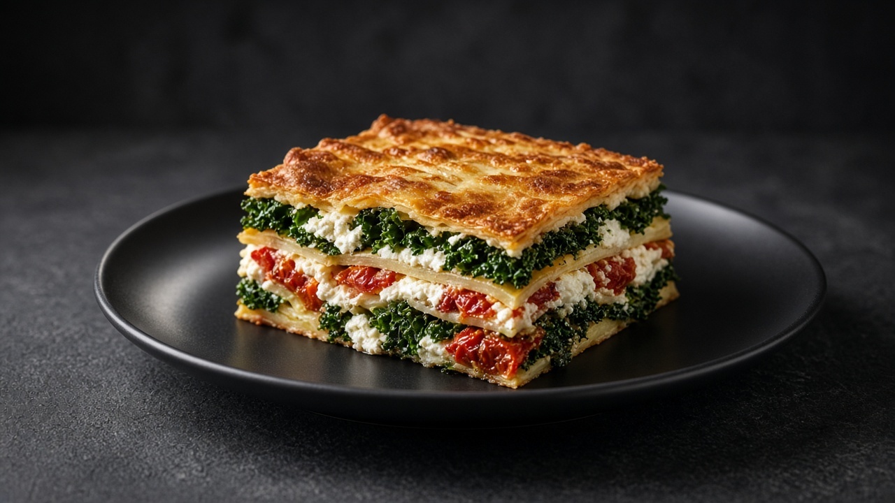 A square of lasagne layered with dark green kale, white ricotta, pale potato and red oven-dried tomato under a golden top.