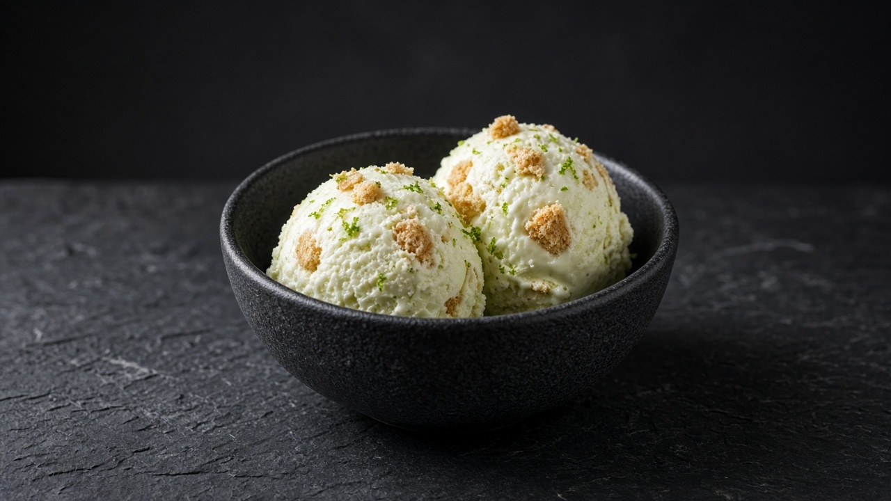 Two scoops of pale lime ice cream with golden biscuit pieces and lime zest in a black bowl.