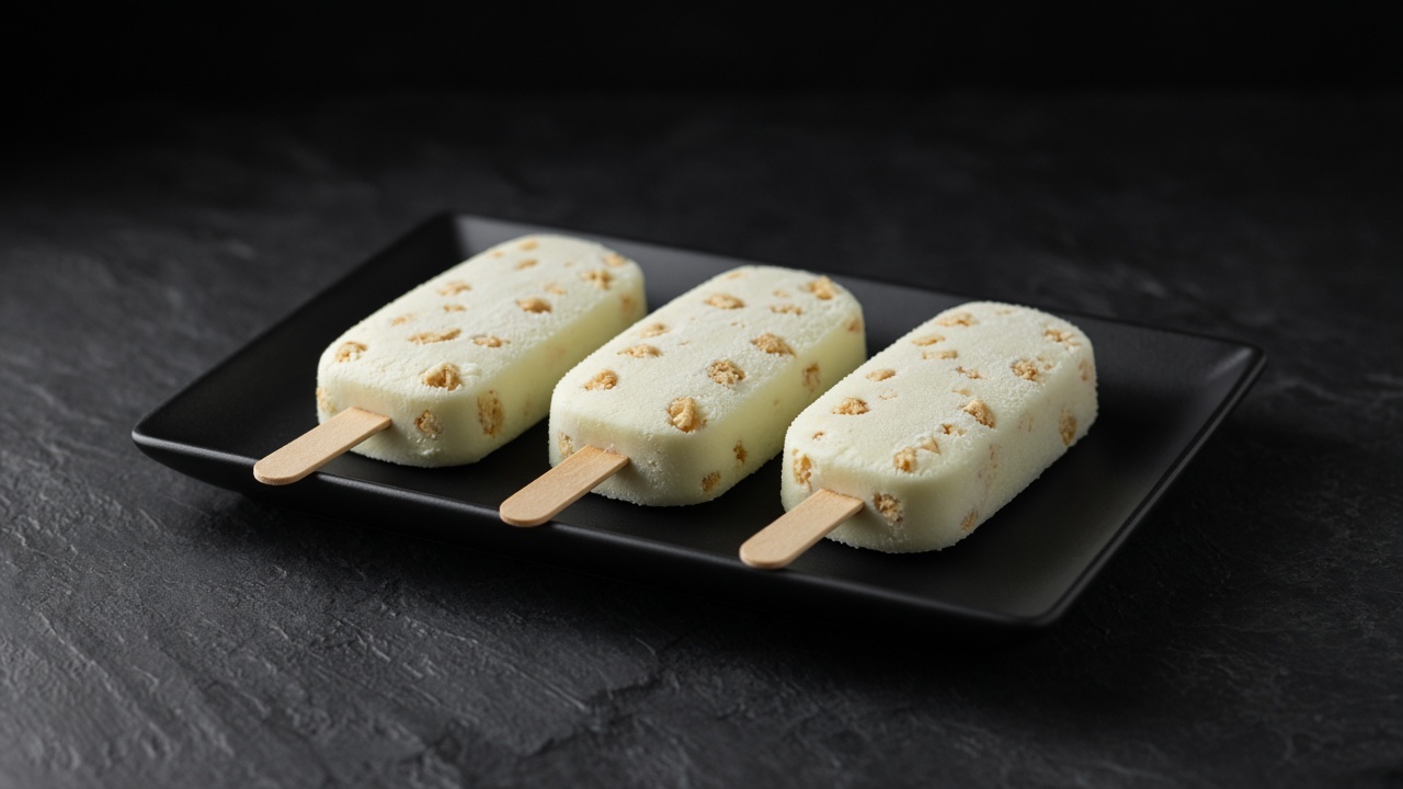 Three pale creamy key lime ice pops studded with biscuit pieces on a black tray.