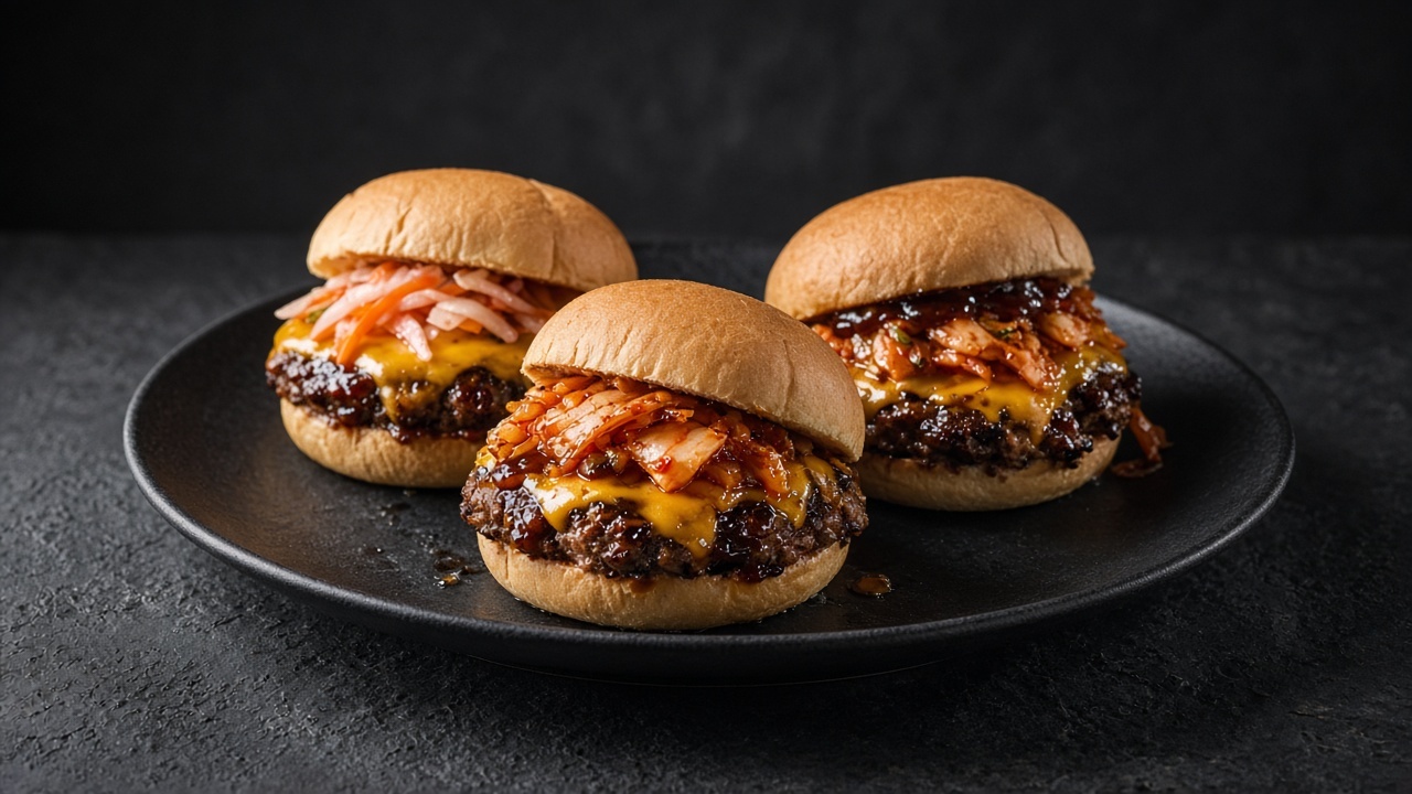 Three Korean-style beef cheeseburgers with melted cheese and dark glaze, topped with kimchi and pickled vegetables in soft buns.
