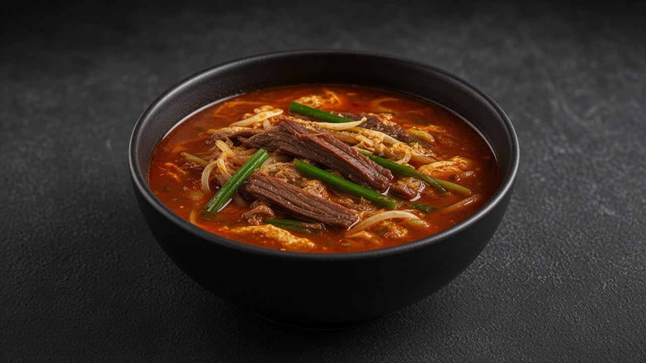 Yukgaejang, a red spicy Korean beef soup with brisket, spring onions, bean sprouts and egg, in a matte black bowl.