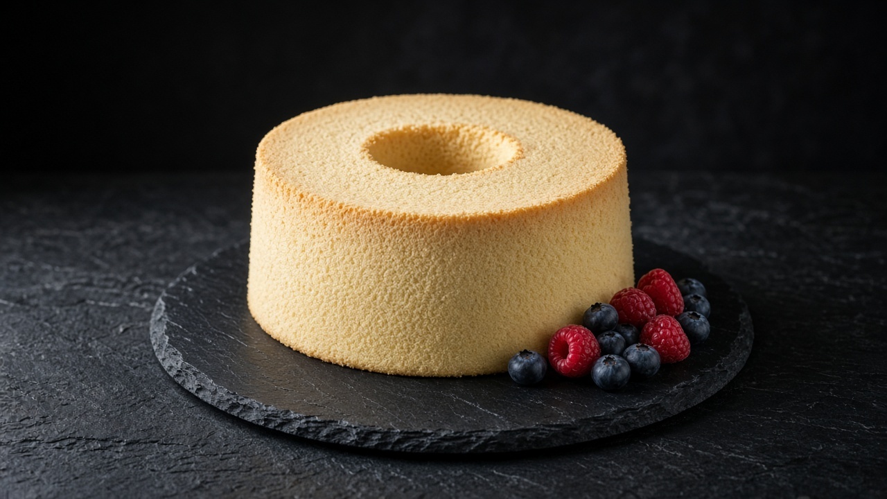 A tall, airy lemon angel food cake ring with fresh berries beside it.