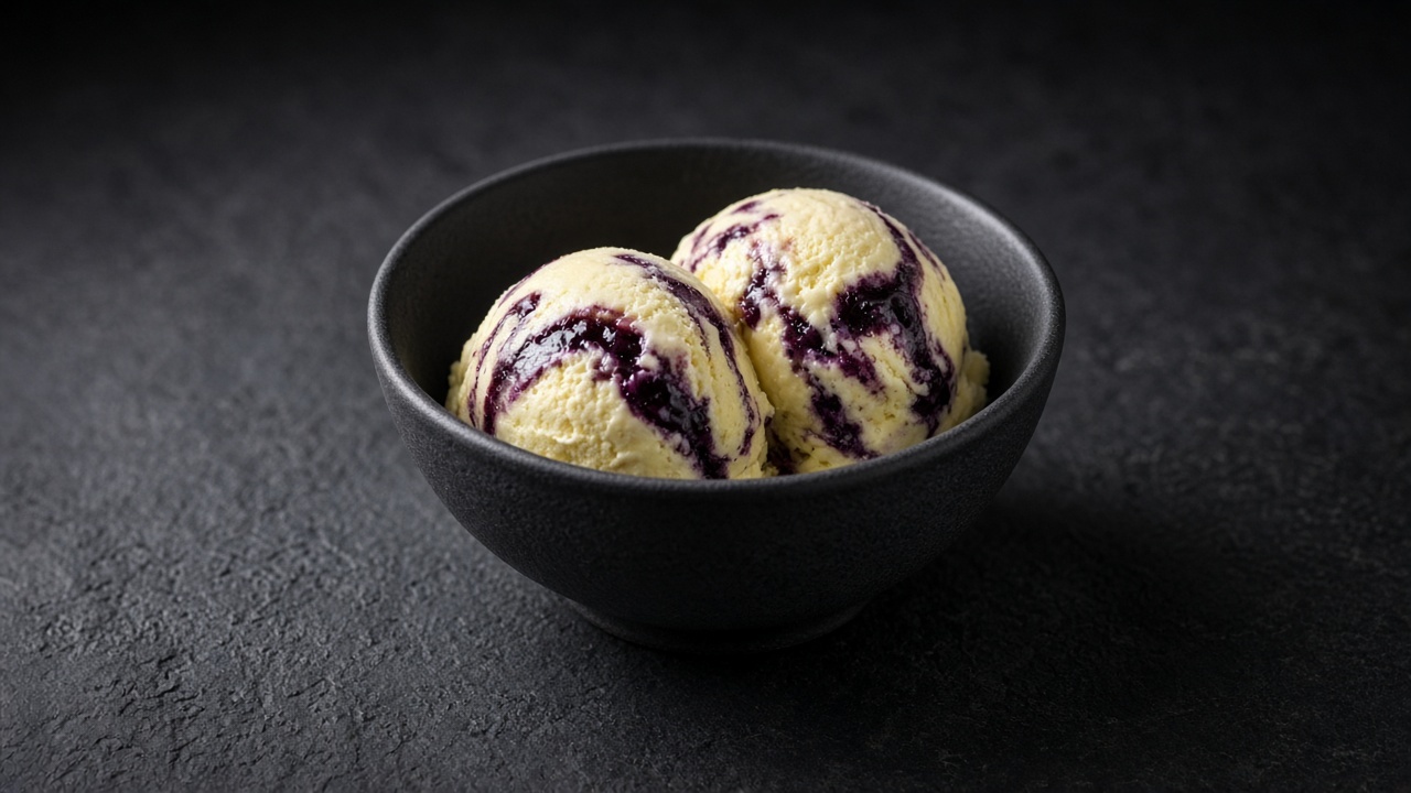 Two scoops of pale lemon custard ice cream rippled with purple blackberry sauce in a black bowl.