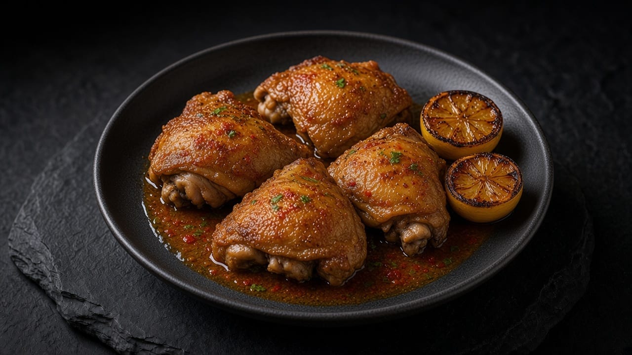 Golden chicken thighs sit skin side up over charred-lemon dressing on a matte dark plate.