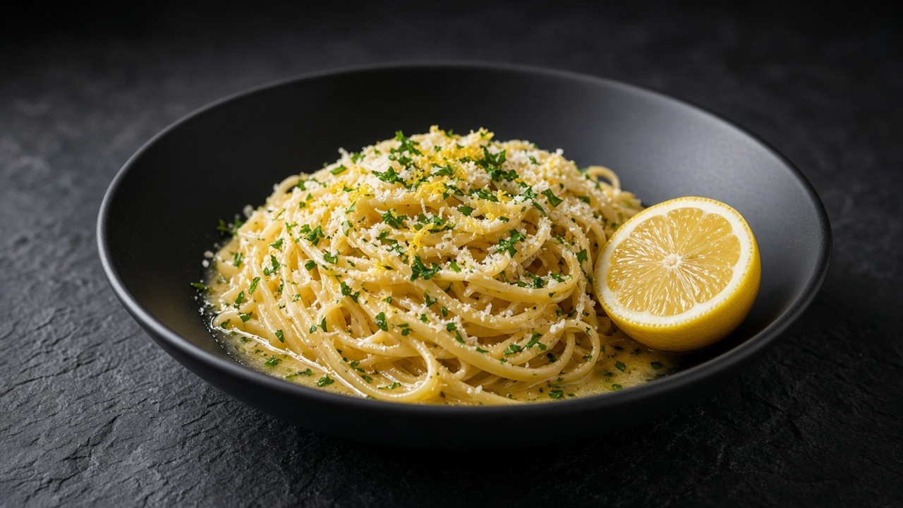 Glossy linguine with lemon zest, chopped parsley and grated Parmesan in a shallow bowl with a lemon half.