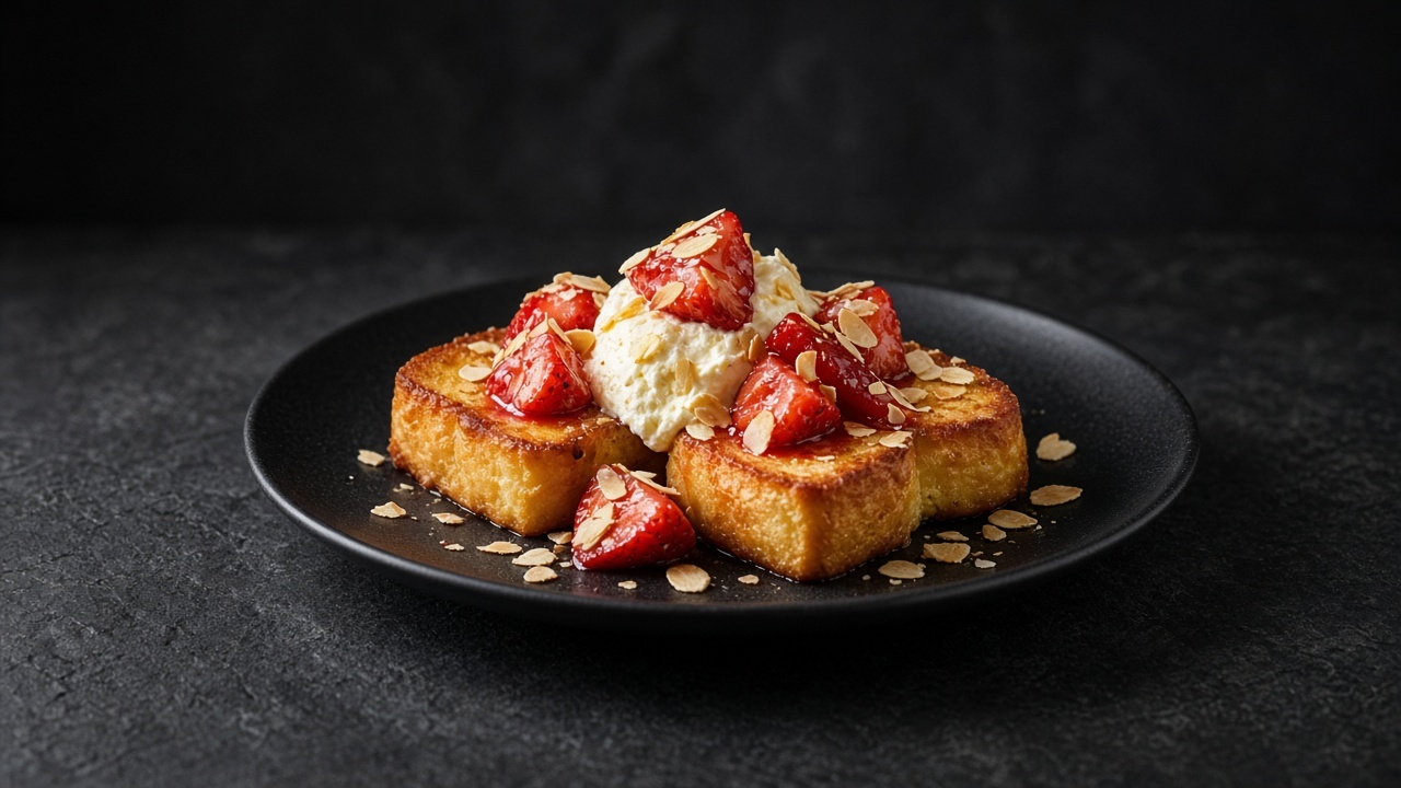 Golden fried brioche slices topped with lemon mascarpone cream, macerated strawberries and toasted almonds.