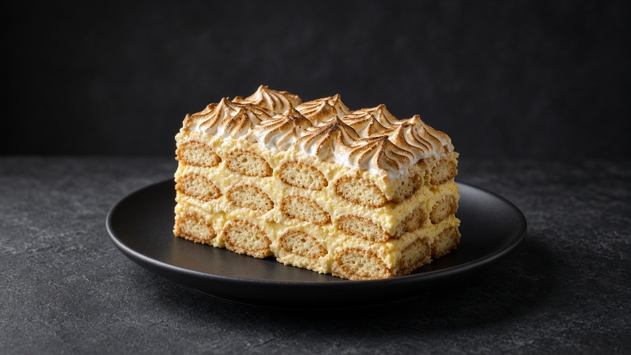 A slice of lemon icebox cake showing layers of biscuits and pale lemon cream, topped with swirls of toasted meringue, on a black plate.