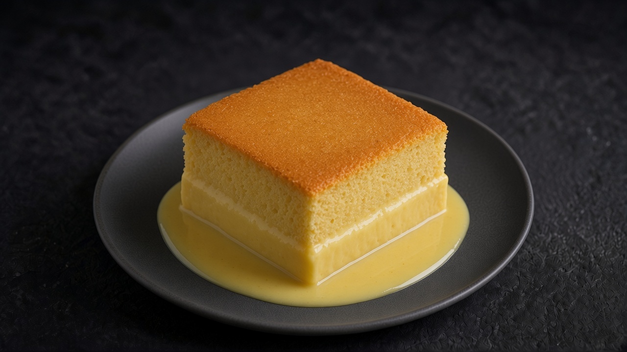 A square of lemon pudding cake on a matte dark plate, golden sponge on top of a pale, glossy lemon sauce.