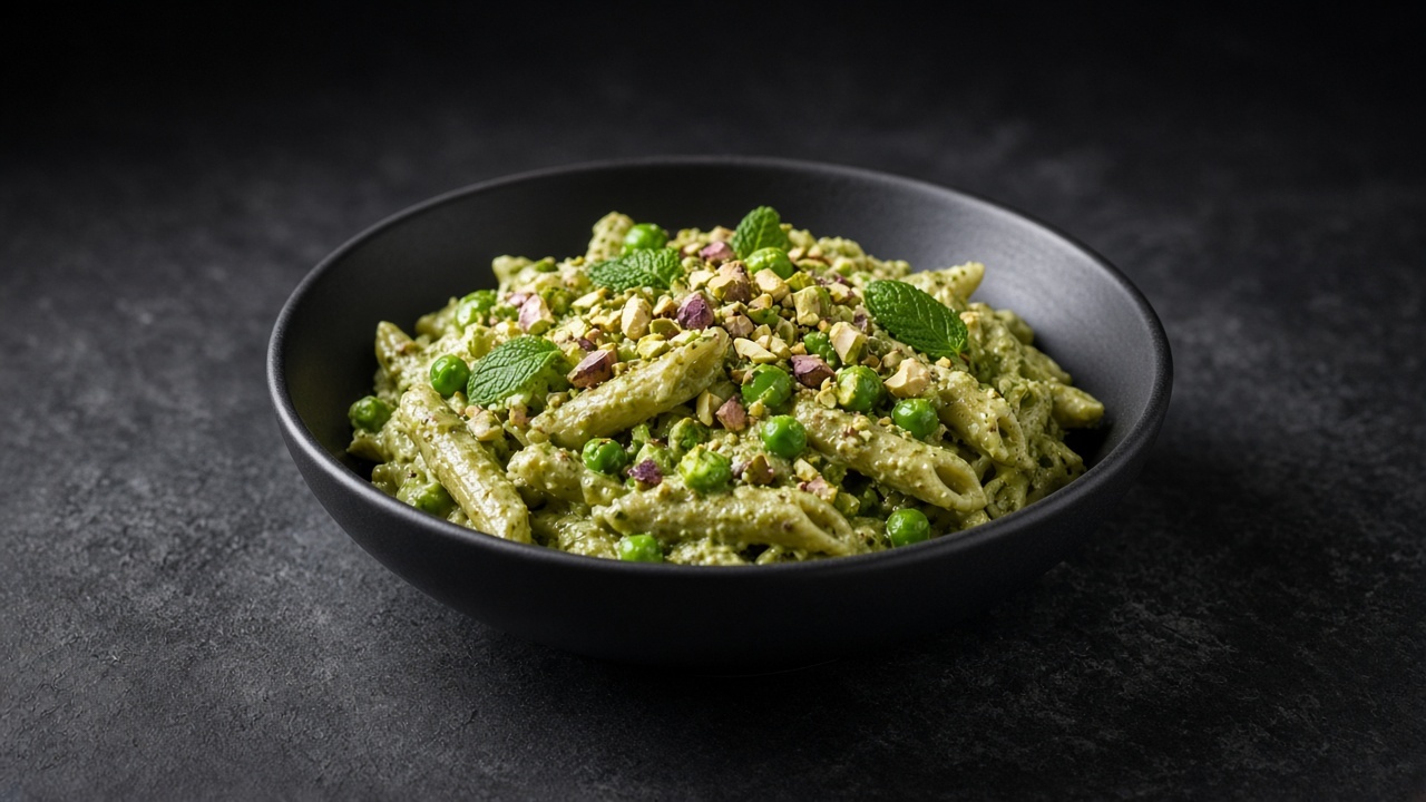 Penne coated in pale green pea and pistachio pesto with whole peas, chopped pistachios and mint leaves on top.