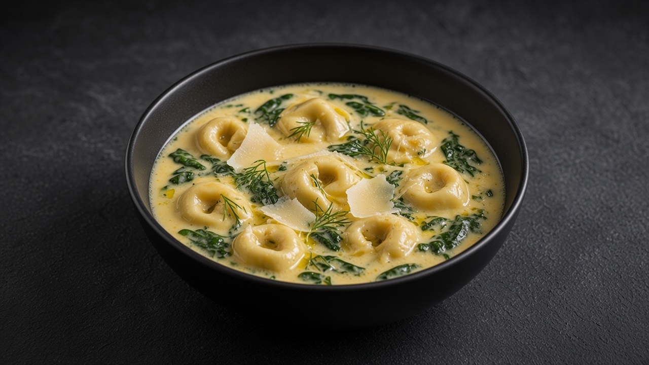 A bowl of creamy lemon and egg broth with cheese tortellini, wilted spinach, dill and Parmesan on a matte dark slate.