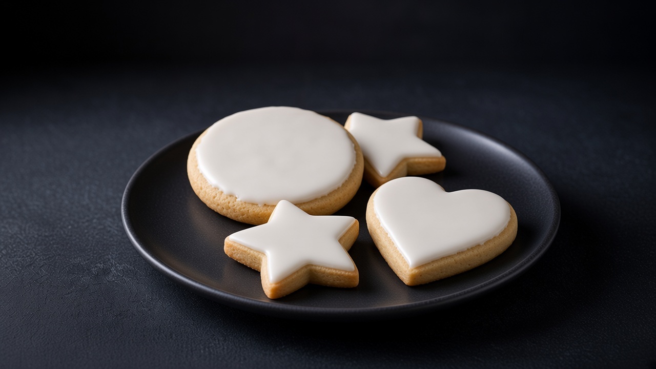Less-sugar cut-out sugar cookies in round, star and heart shapes with a white glaze on a black plate.