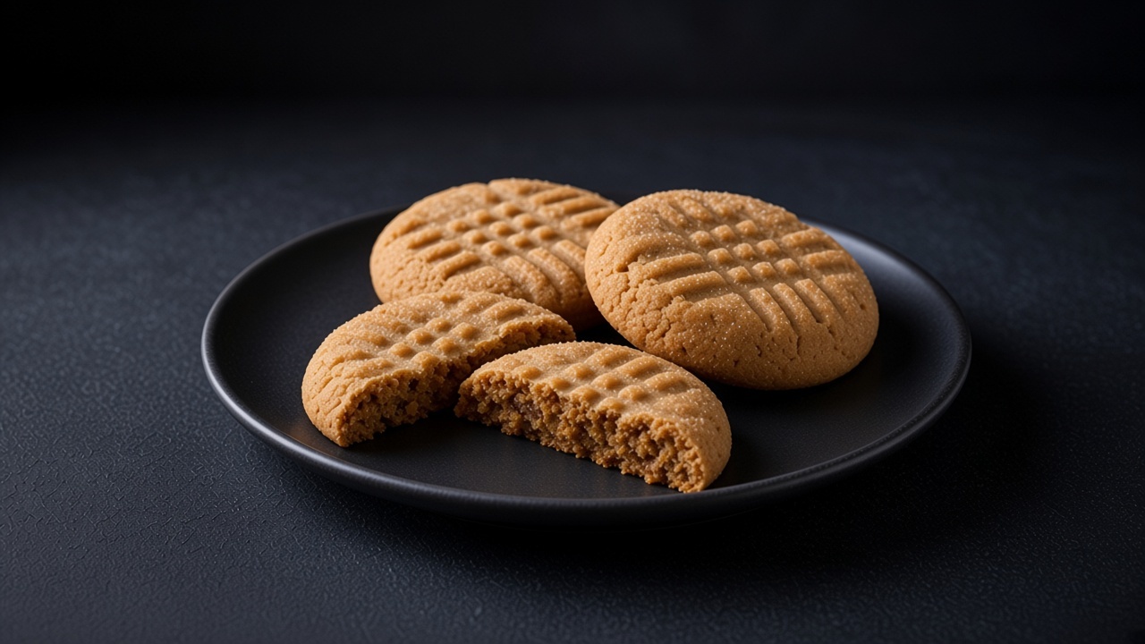 Less-sugar peanut butter cookies with a fork criss-cross on a black plate.