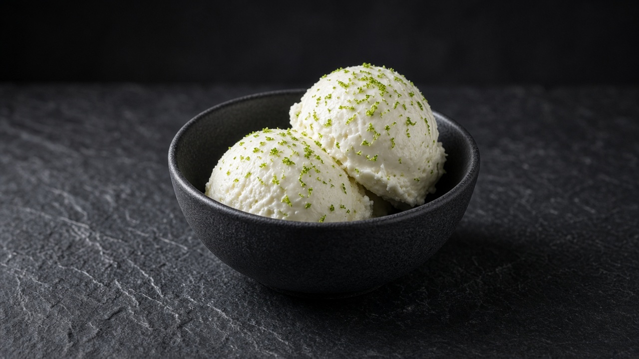 Two scoops of creamy white frozen yoghurt flecked with green lime zest in a black bowl.