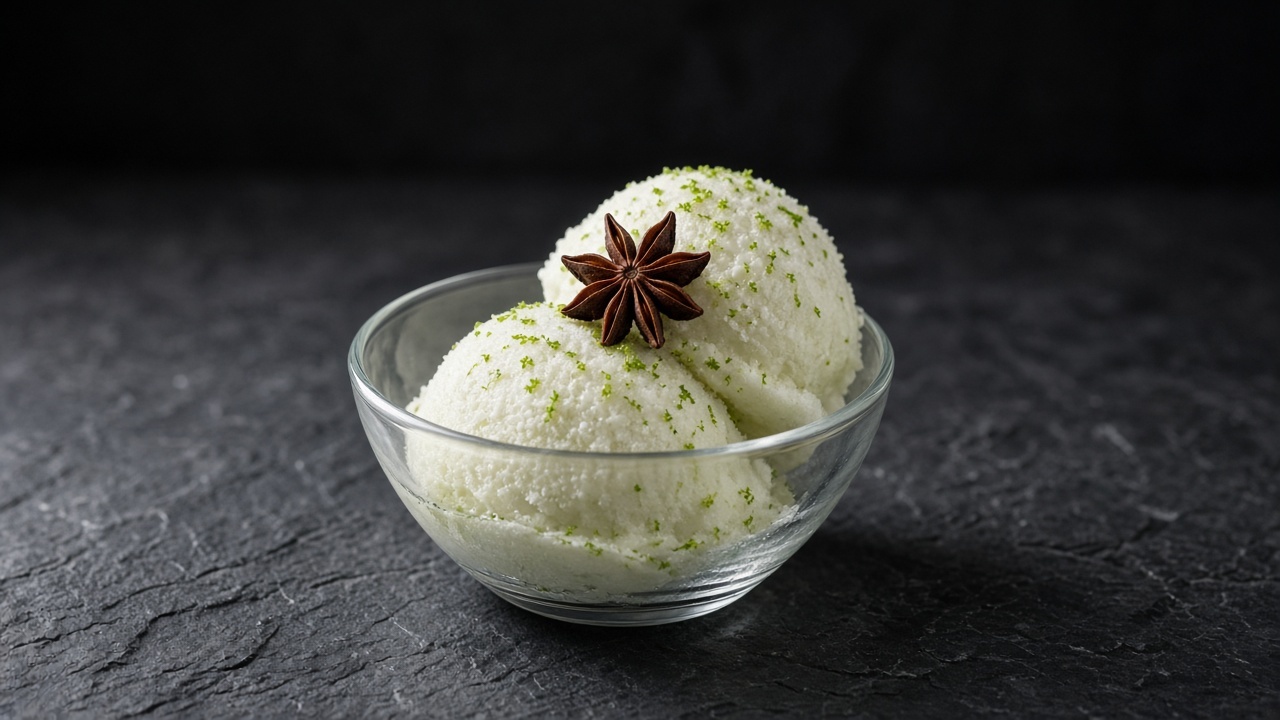 Two scoops of pale lime sorbet with lime zest and a single star anise in a glass dish.