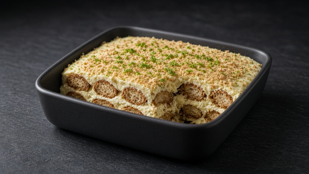 A black dish of layered biscuits and pale lime cream, topped with biscuit crumbs and lime zest.