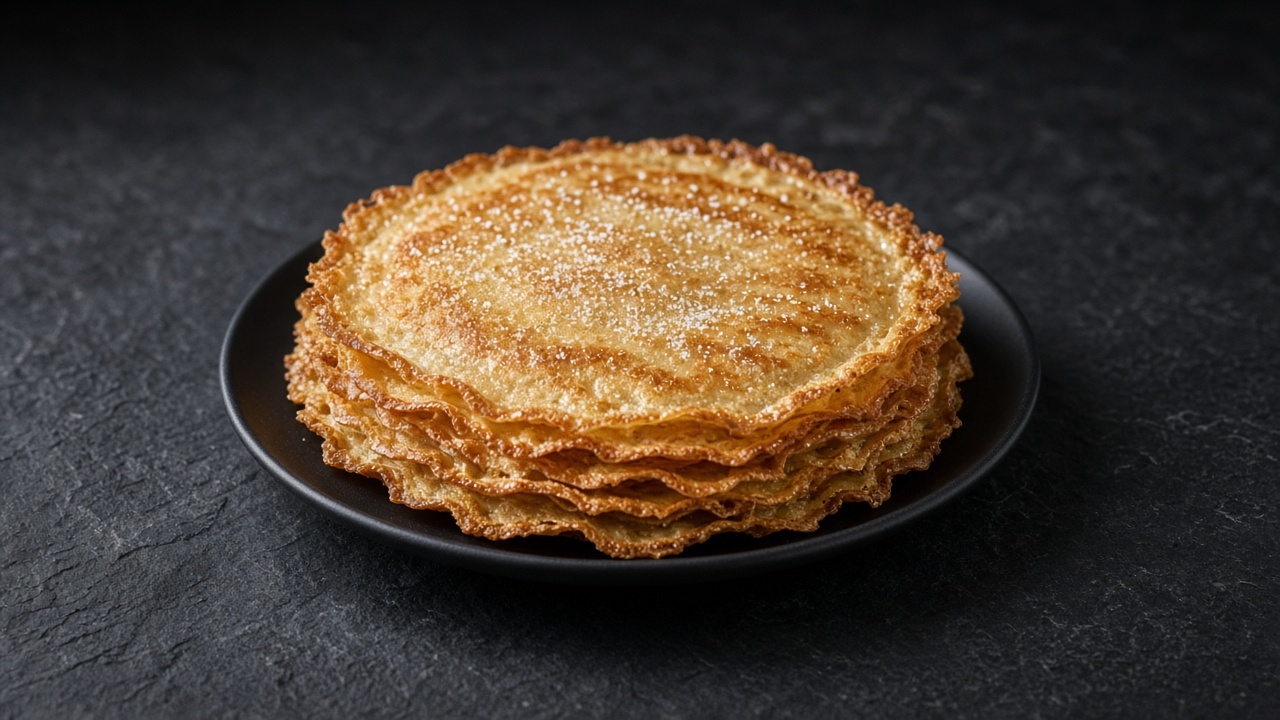 A stack of golden, lightly spiced crêpes with crisp edges, sprinkled with sugar.