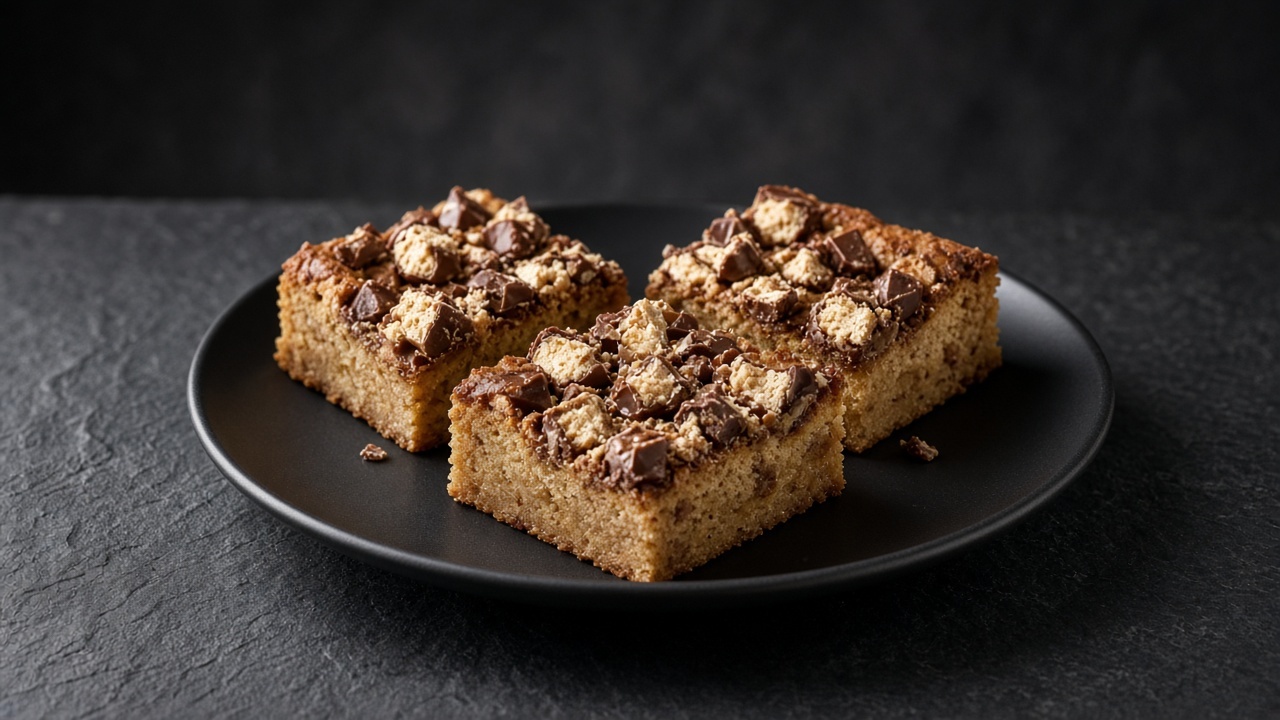Golden malted brownie squares topped with chopped chocolate malted milk balls.