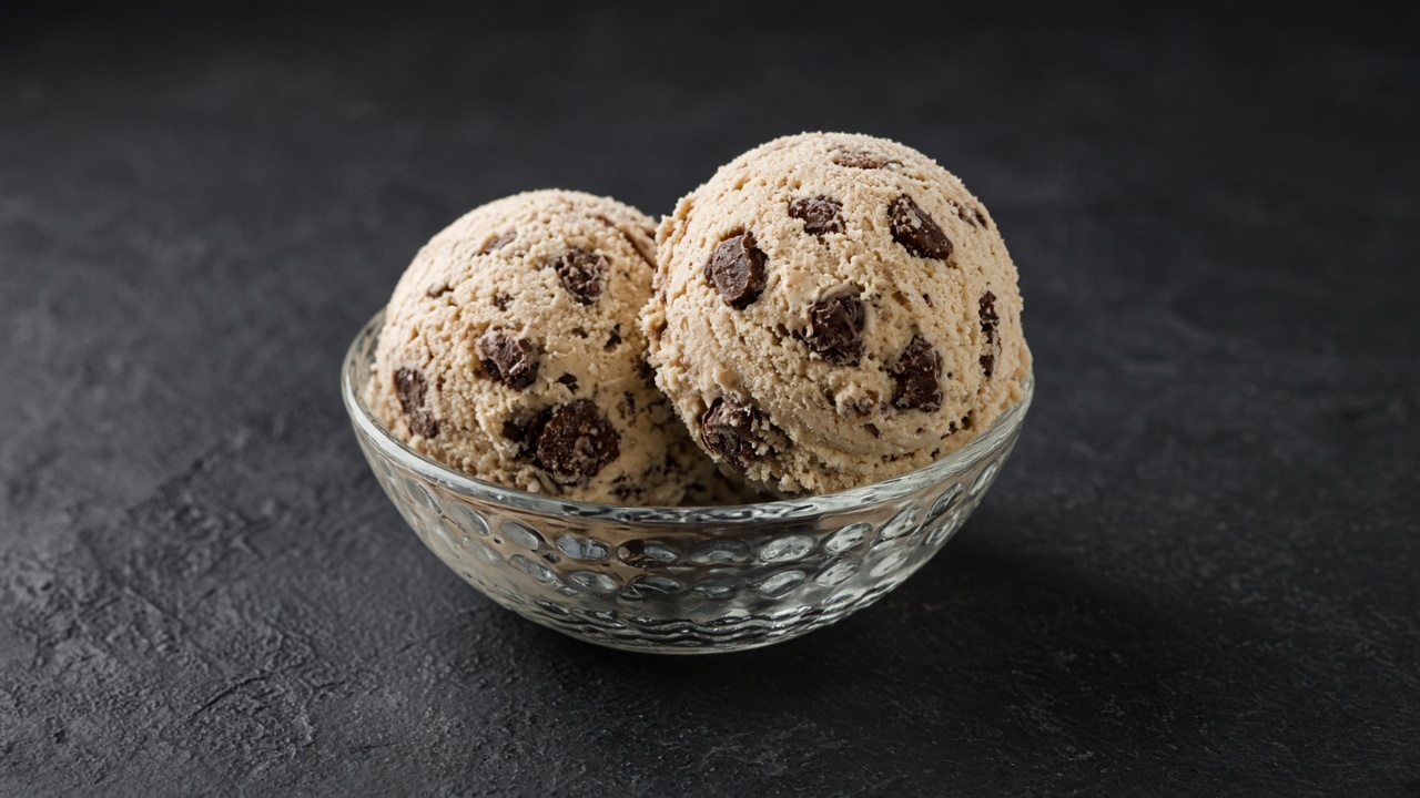 Two scoops of beige malted milk ice cream studded with crushed chocolate malt balls in a glass dish.