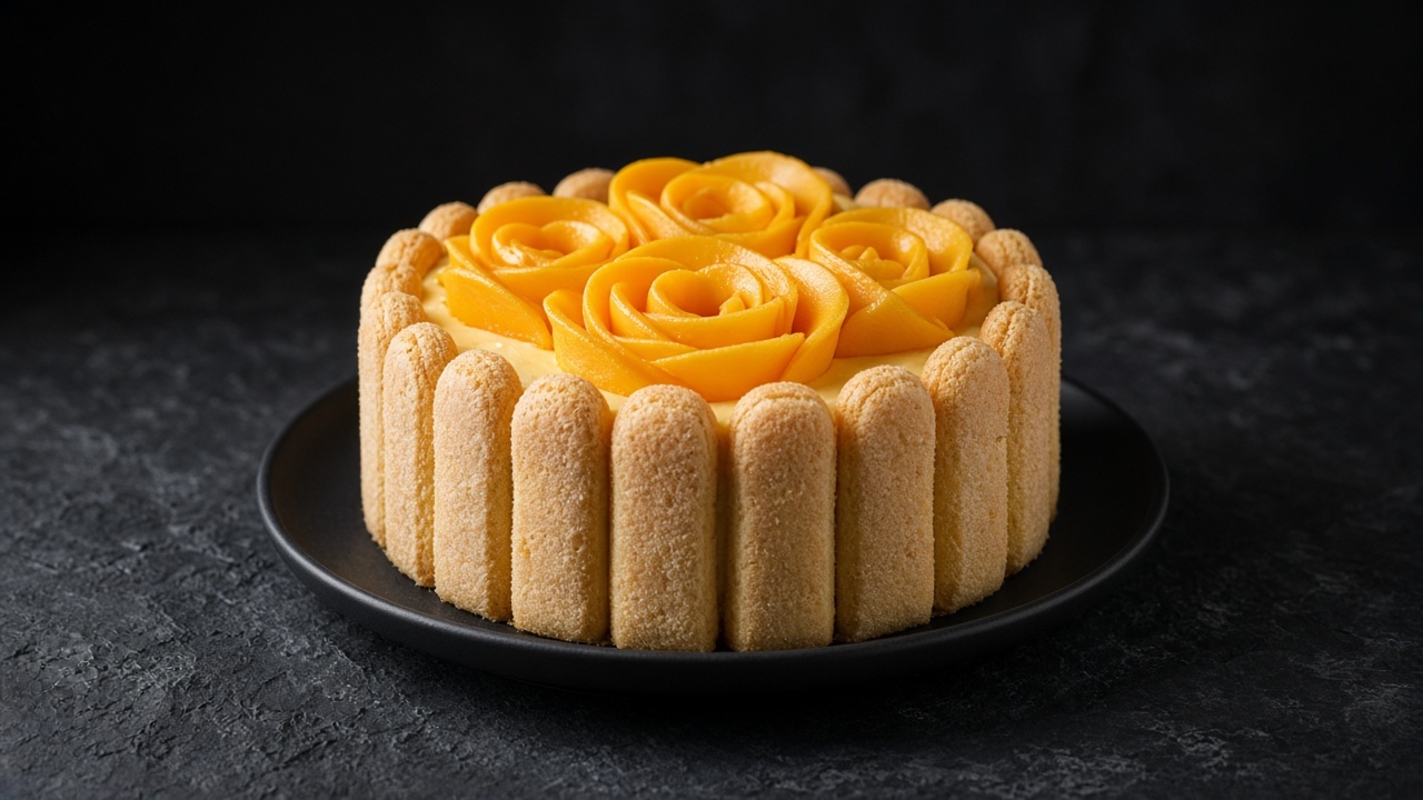 A round charlotte cake ringed with sponge fingers and topped with mango slices shaped like roses.