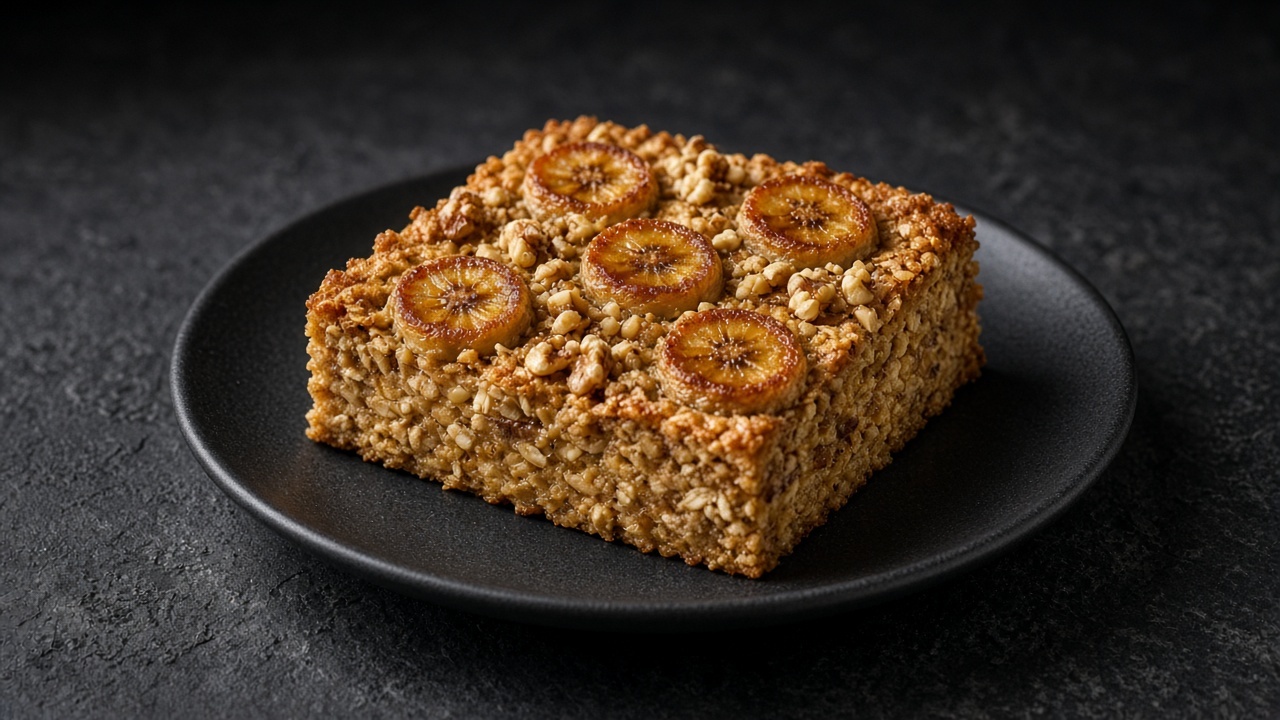 A portion of golden baked oatmeal studded with banana slices and walnuts on a plate.