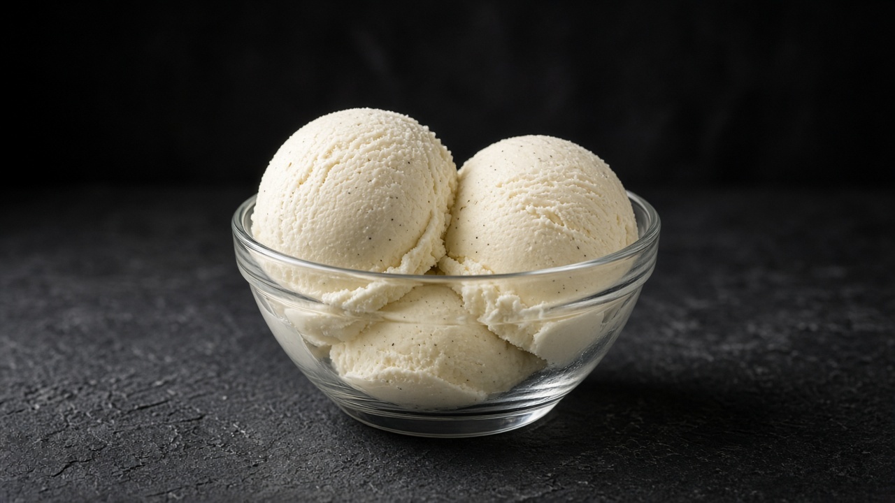 Ivory mascarpone ice cream scoops with a soft, dense texture in a glass bowl.