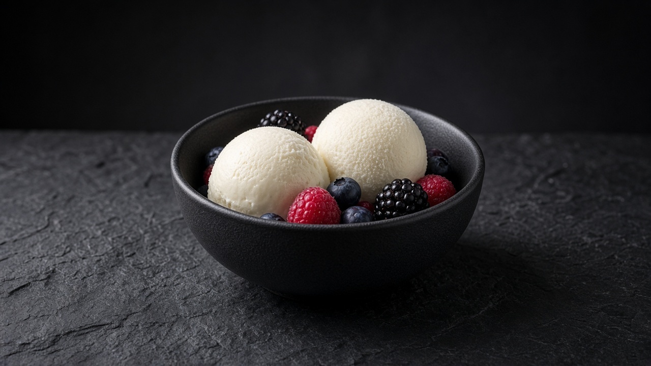 Two scoops of ivory mascarpone sherbet with fresh raspberries, blueberries and blackberries in a black bowl.