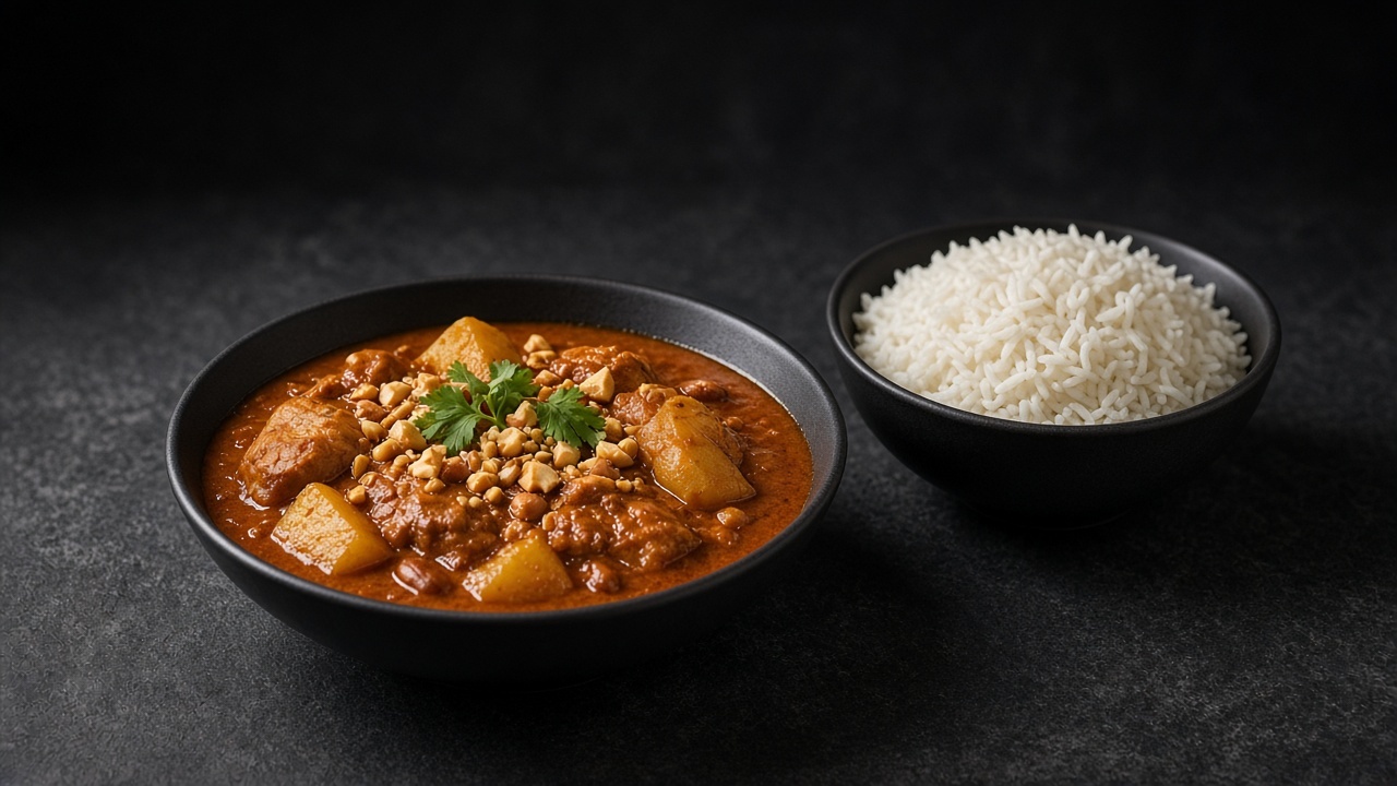 Massaman chicken curry with potato chunks and peanuts beside jasmine rice.