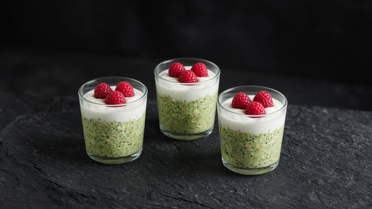 Three glasses of pale green overnight oats topped with Greek yoghurt and fresh raspberries.