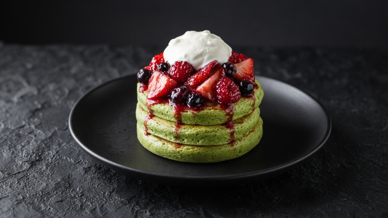 Stack of fluffy green matcha pancakes topped with macerated berries in syrup and a spoonful of crème fraîche.