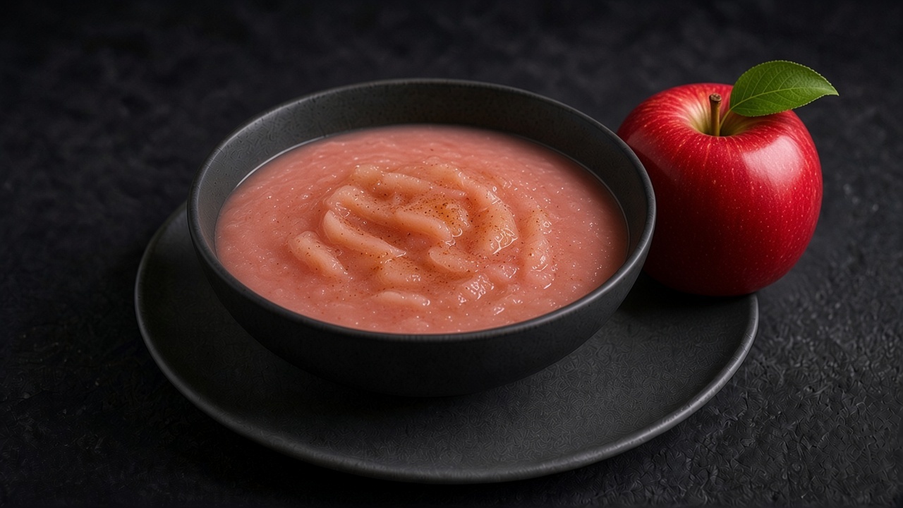 A softly mounded portion of pale pink applesauce with a lightly chunky texture sits on a matte dark plate.