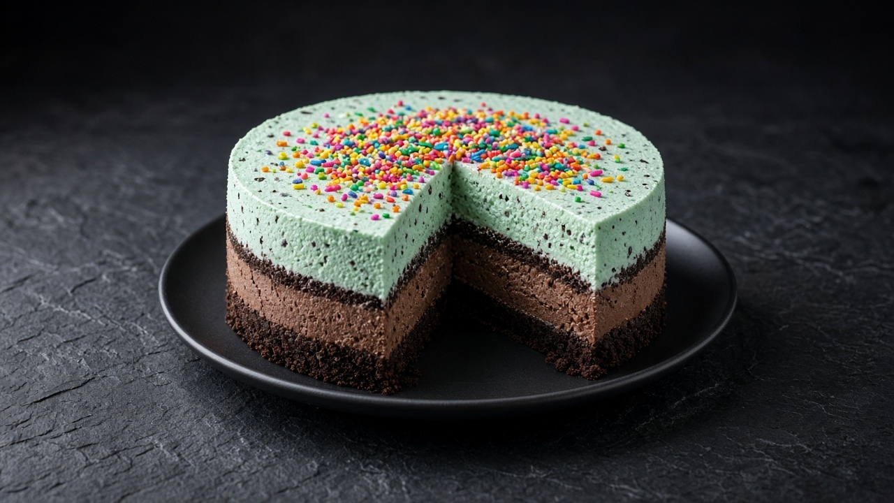 A round ice cream cake cut open to show a chocolate biscuit crust, chocolate ice cream, a crumb layer and mint chocolate chip ice cream, topped with colourful sprinkles.