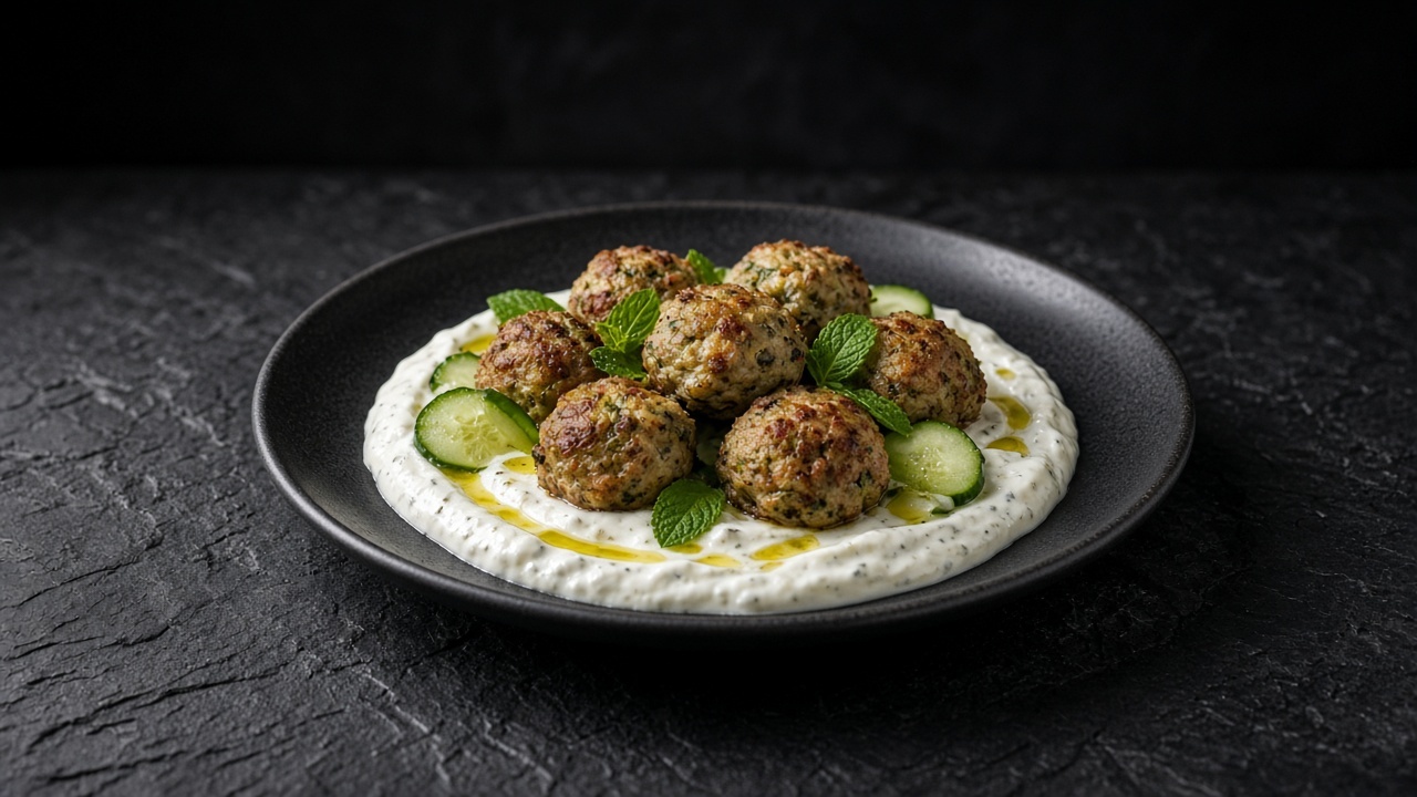 Minty chicken meatballs with cucumber over yoghurt sauce on a matte dark plate.