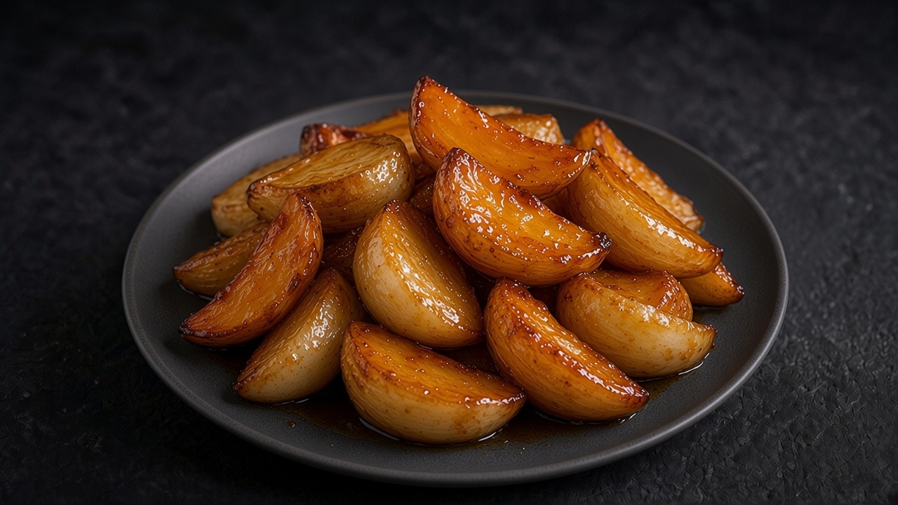 Golden turnip wedges coated in a glossy miso glaze on a matte dark plate.