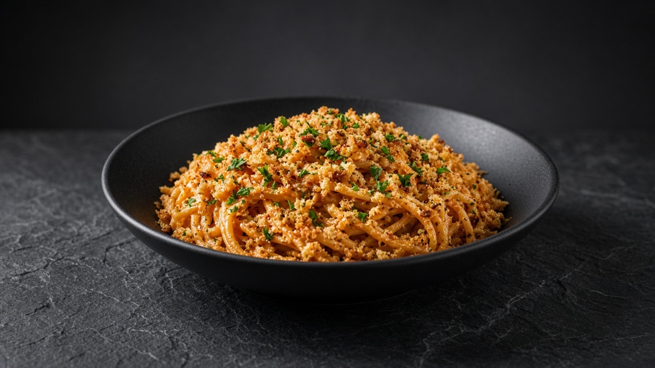 Spaghetti in a creamy orange miso and harissa sauce scattered with golden breadcrumbs and parsley.