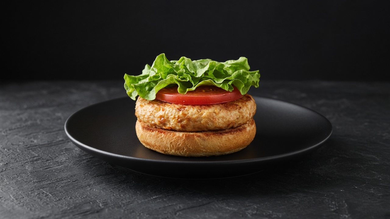 Golden-brown turkey burger patty topped with a tomato slice and fresh lettuce leaf on a toasted bun.