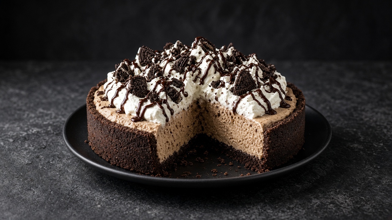 A mocha ice cream pie in a chocolate biscuit crust, piled with whipped cream, drizzled with chocolate sauce and topped with broken chocolate biscuits.