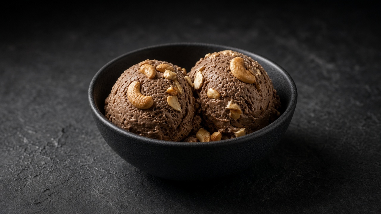Two scoops of mocha custard ice cream studded with toasted cashews in a black bowl.