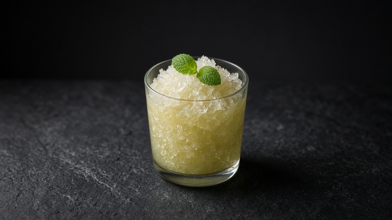 Pale golden-green mint tea granita in a small glass with fresh mint leaves.