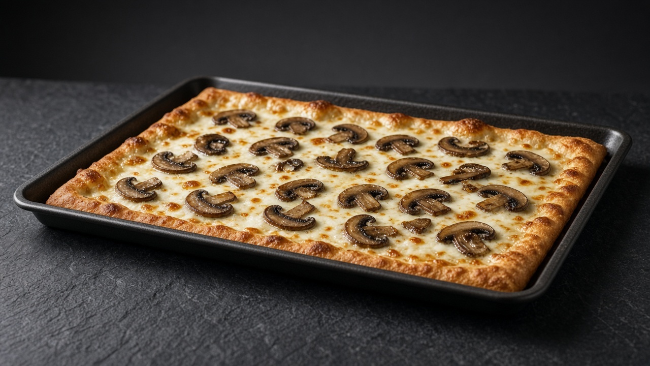 A rectangular sheet pizza with a golden crust, creamy filling, melted cheese with brown spots, and sautéed mushroom slices scattered throughout.