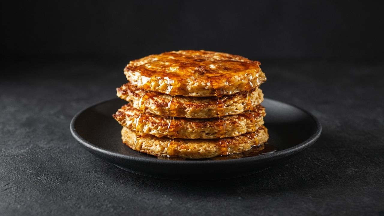 A stack of golden oat pancakes with crispy brown edges, drizzled with warm maple syrup.
