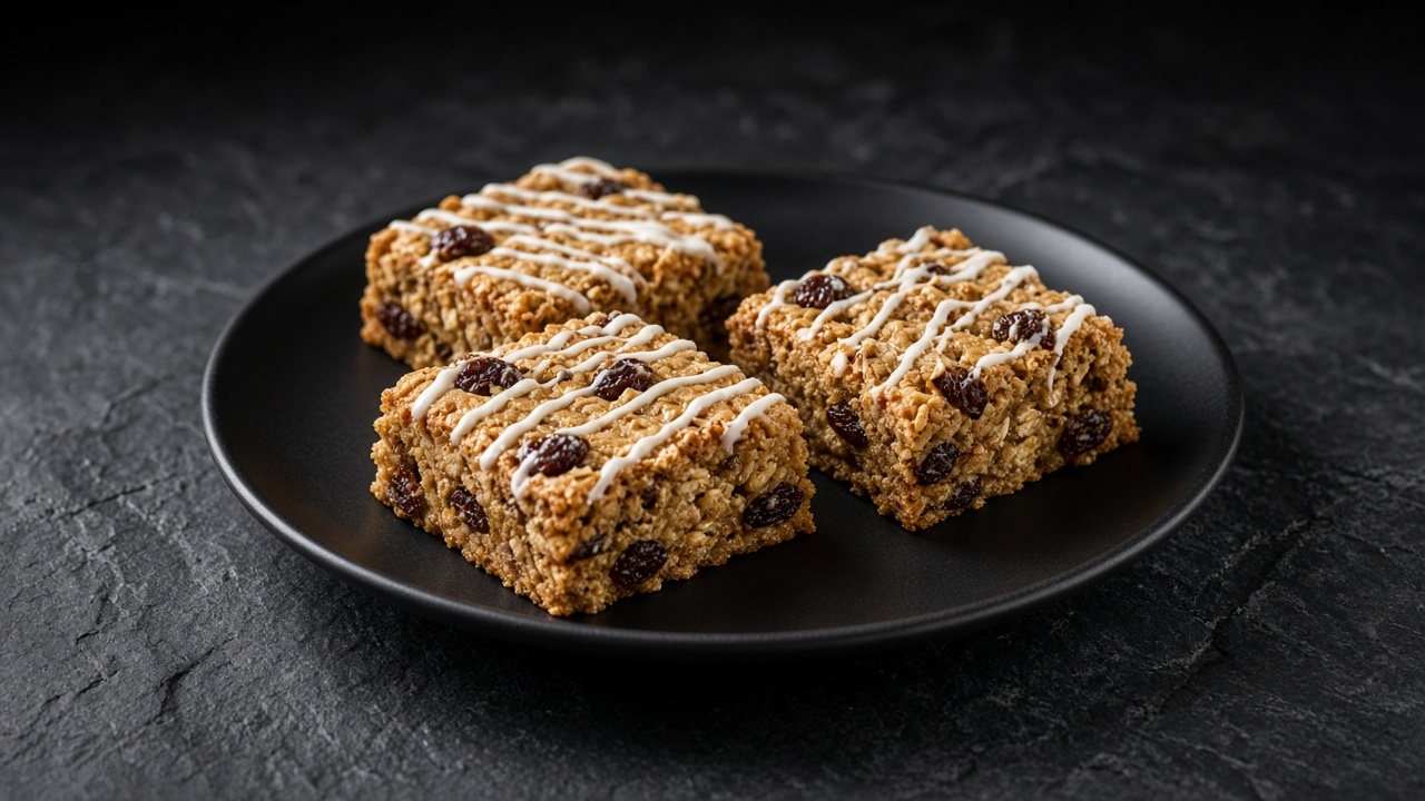 Brown oatmeal raisin bars drizzled with thin white icing.