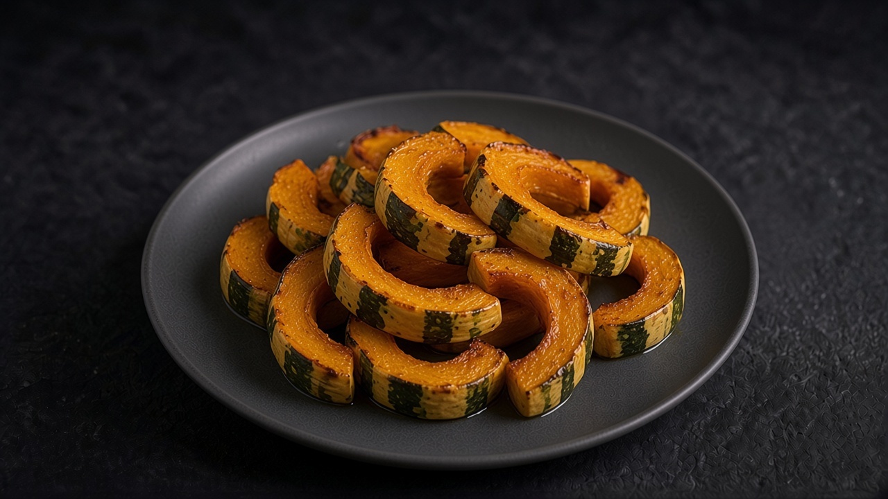 Roasted delicata squash half-moons with golden edges and striped skin on a matte dark plate.